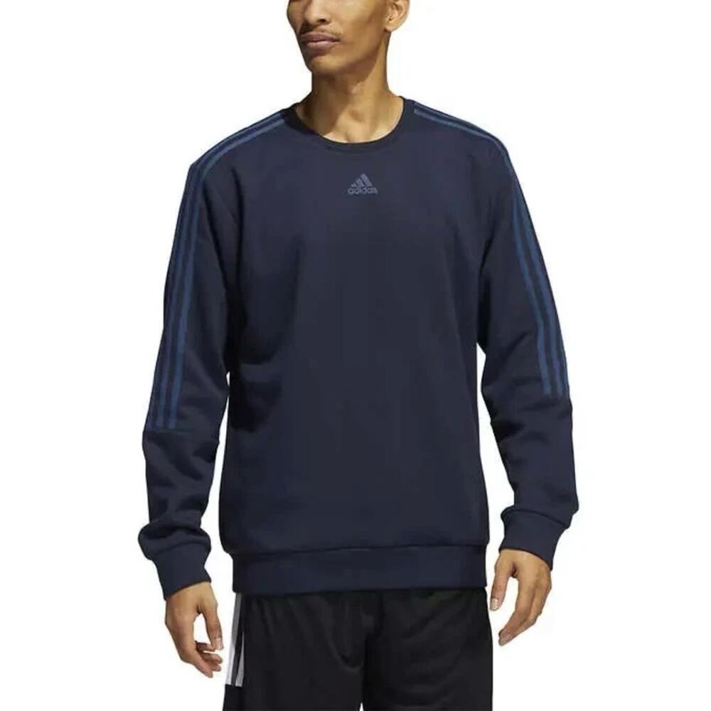 Adidas Men's 3 Stripe Crewneck Pullover Sweatshirt Deep Blue Size Medium - Picture 2 of 7